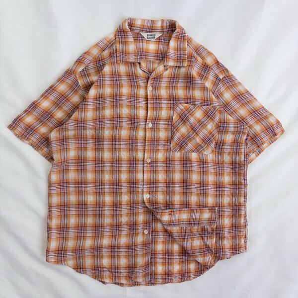 Vintage 日本製 90s BELLE PAULE レーヨン100% 開襟 オープンカラー シアサッカー 暖色 オレンジ タータンチェック 格子柄 総柄シャツ