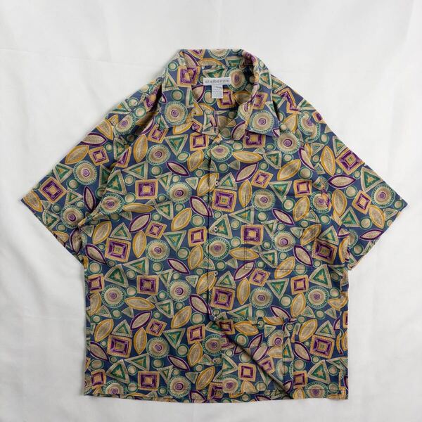 US Vintage 90s claiborne コットン 開襟 オープンカラー くすみカラー アート柄 幾何学 アトミック柄 アロハ ハワイアン 総柄シャツ