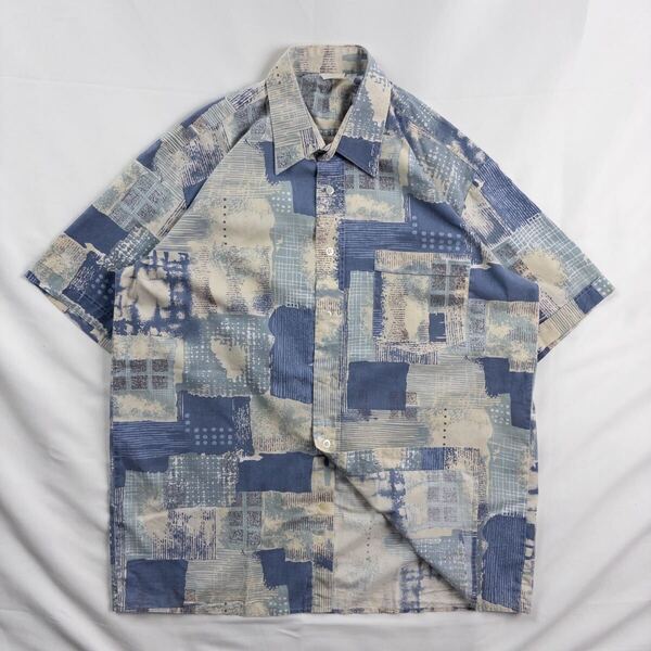 US Vintage 80-90s Unknown コットン? くすみカラー 水彩 アート 抽象 エスニック 民族 幾何学模様 レトロ 総柄 デザインシャツ