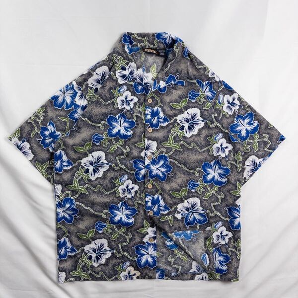 US Vintage 90s ODO ポリエステル 開襟 オープンカラー 個性的 ハイビスカス ボタニカル グレー ハワイアン アロハ 総柄シャツ ポリシャツ