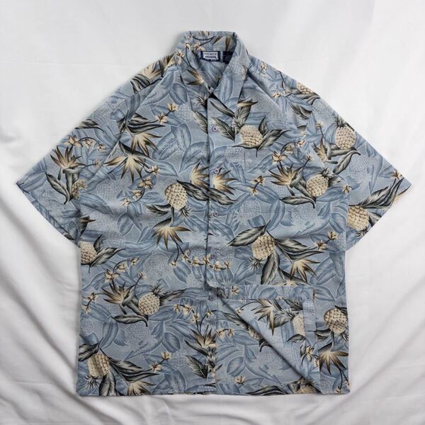 US Vintage 90-00s PREMIER くすみカラー ボタニカル パイナップル リーフ アッシュブルー ハワイアン アロハ 総柄シャツ ポリシャツ