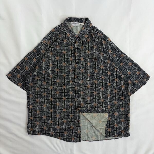 US Vintage 90s EXECUTIVE CLUB レーヨン100% アースカラー 幾何学模様 エスニック 民族 アジアン プリミティブ ブロック 格子 総柄シャツ