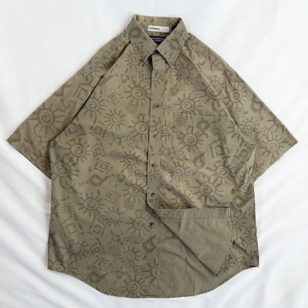 US Vintage 90s ROUNDTREE&YORKE コットン100% ボタンダウン アースカラー プリミティブ エスニック 民族 幾何学模様 総柄 デザインシャツ