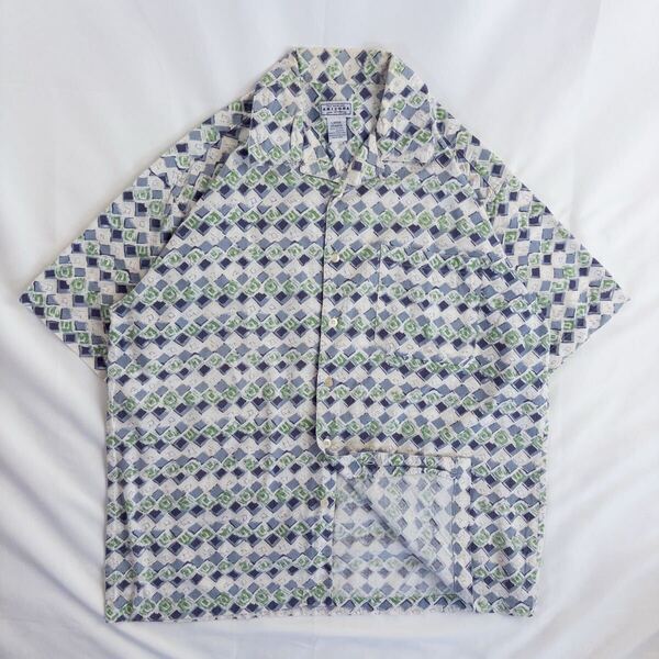 US Vintage 90s? ARIZONA JEAN コットン100% 開襟 オープンカラー エスニック 民族 幾何学模様 アーガイル ダイヤ 水彩 アート 総柄シャツ