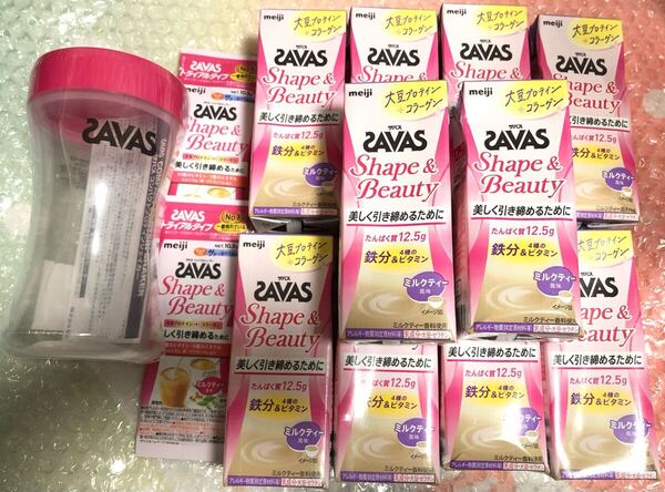 SAVAS ザバス Shape&Beauty ミルクティー風味(200ml×10本)&トライアルタイプ(10.5g×2袋)&シェイカー
