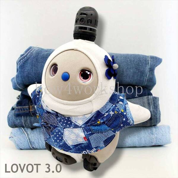 LOVOT ラボットの服ハンドメイド デニム風プリント甚平&お花飾りセット(ブルー)