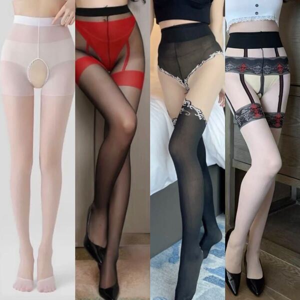 K25セクシーランジェリー 穴あき新ストッキング ボディストッキング パンストOLコスプレ オープン4点セット オープンクロッチ
