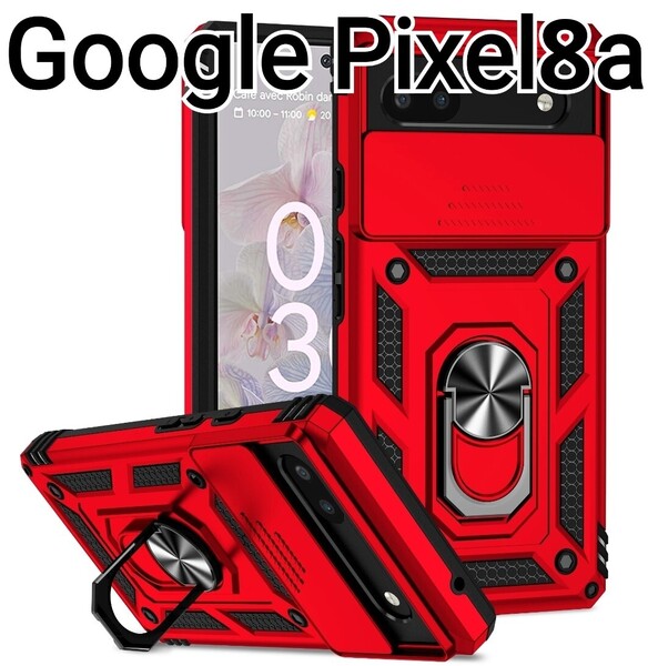 Google Pixel8a ケース レッド 赤 レンズカバー リング付き GooglePixel8a