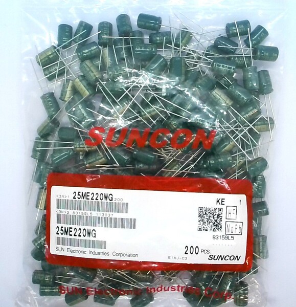 電解コンデンサ SUNCON 105℃対応 WG25V220μF 200本