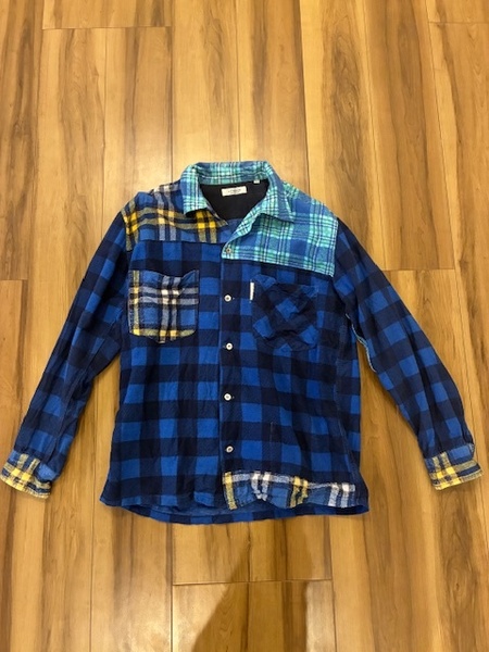 【期間限定値下げ】ハリウッドランチマーケット HOLLYWOOD RANCH MARKETブルーブルーパッチワークネルシャツ古着 長袖シャツ青 水色 3sizeL