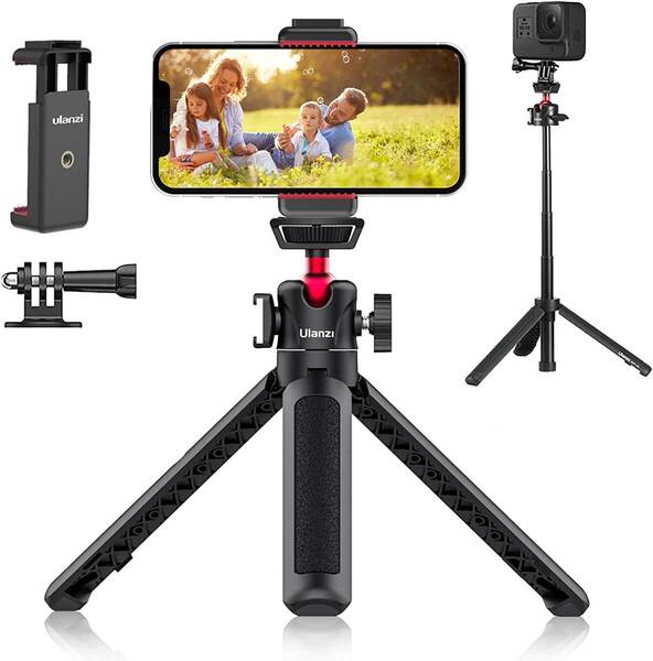 機能性重視 スマホクリップ付きカメラ三脚 自撮り棒 ミニ四段伸縮 卓上安定ビデオ