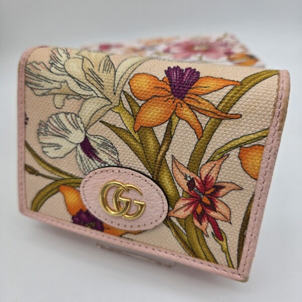 箱付き GUCCI グッチ 2つ折り財布 財布 GGマーモント フローラ 花 ピンク キャンバス レザー