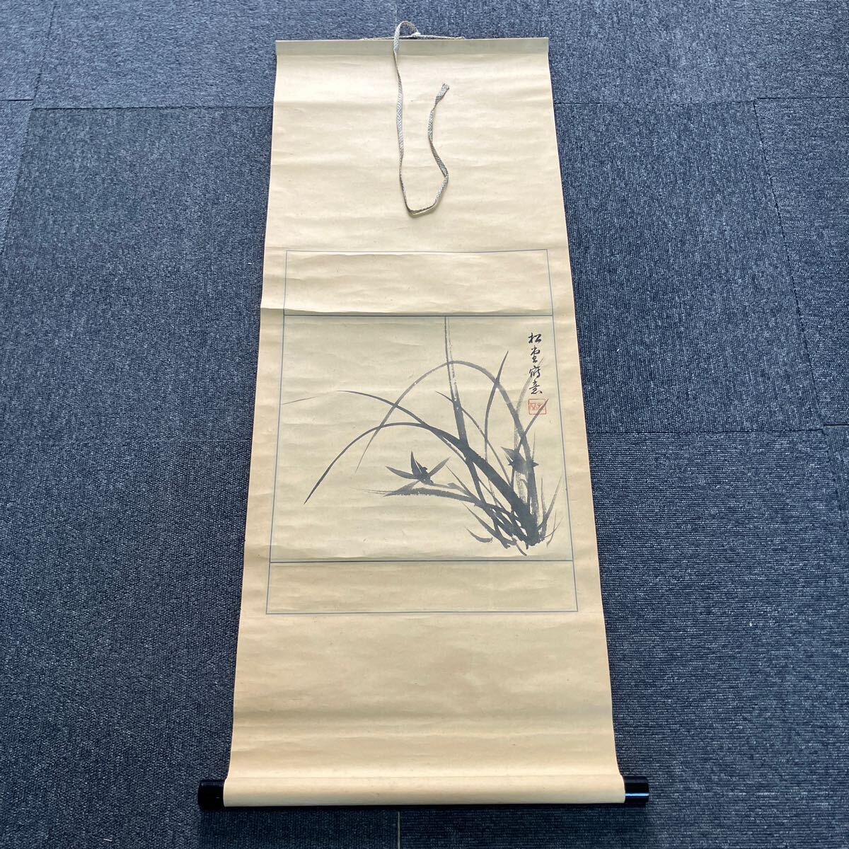 美品 掛け軸 春峰作 楓に鮎図 共箱 夏掛け