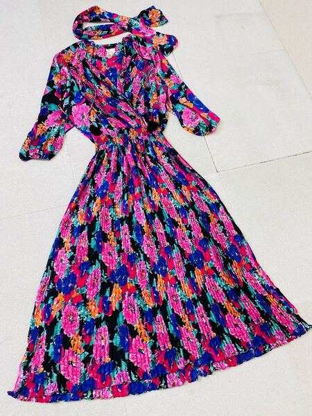 8560. Diane Freis カシュクール プリーツ ウエストリボン ロングワンピース ダイアンフレイス 花柄 総柄 ヴィンテージ フリンジ