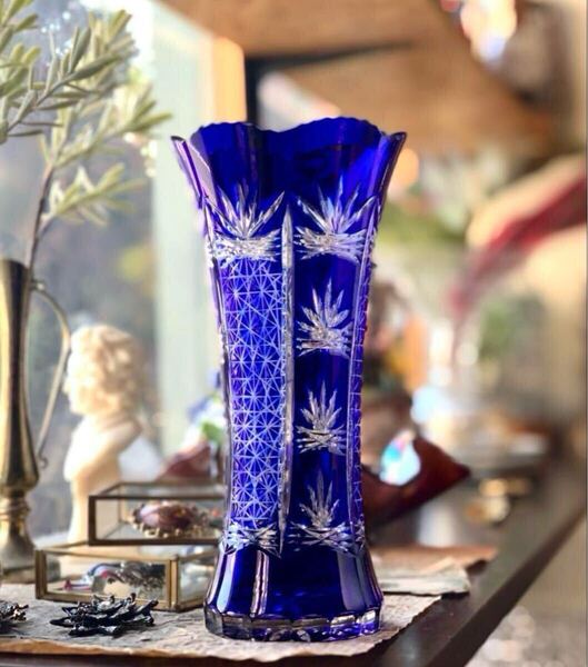 【未使用】 切子 花瓶 フラワーベース カットガラス 青 花器