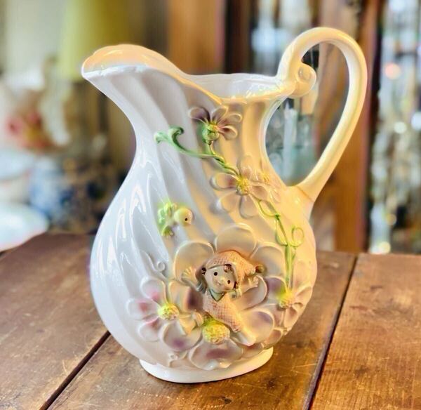 【レトロ】 水差し 陶器 花瓶 フラワーベース 置物 昭和レトロ K&T 花 可愛らしい 子供 波模様