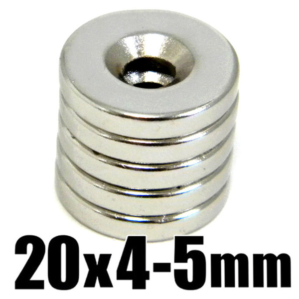 ◆ 穴あき 丸形 マグネット ◆ ネオジム 超強力 磁石 直径20mm x 厚み4mm(ネジ穴 5mm)【5個セット】