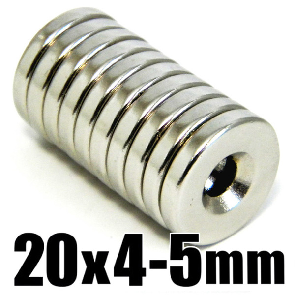◆ 穴あき 丸形 マグネット ◆ ネオジム 超強力 磁石 直径20mm x 厚み4mm(ネジ穴 5mm)【10個セット】◆