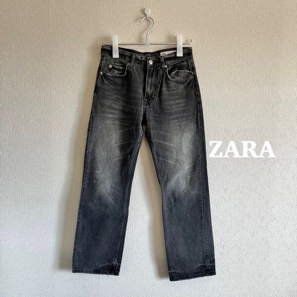 ZARA ザラ|ストレートデニムパンツ グレー EUR24 USA2 MEX24|ダメージ加工 ジーンズ ミドルライズ