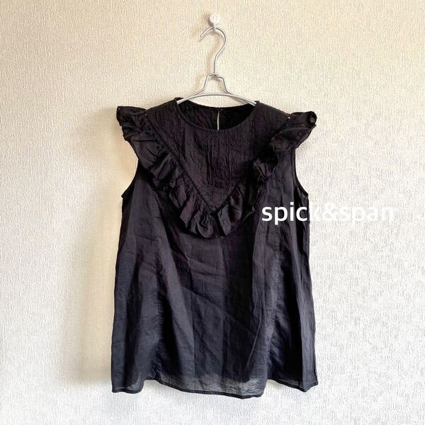 spick&span スピックアンドスパン|ピンタック×フリルノースリーブトップス ブラック|ブラウス 薄手