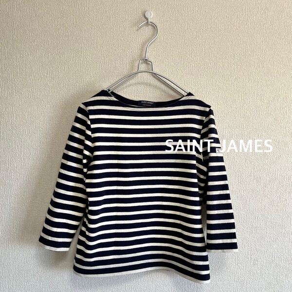 SAINT JAMES セントジェームス|ストレッチボーダーTシャツ ネイビー×オフ白 34/XXS|7分袖 ボートネック 薄手