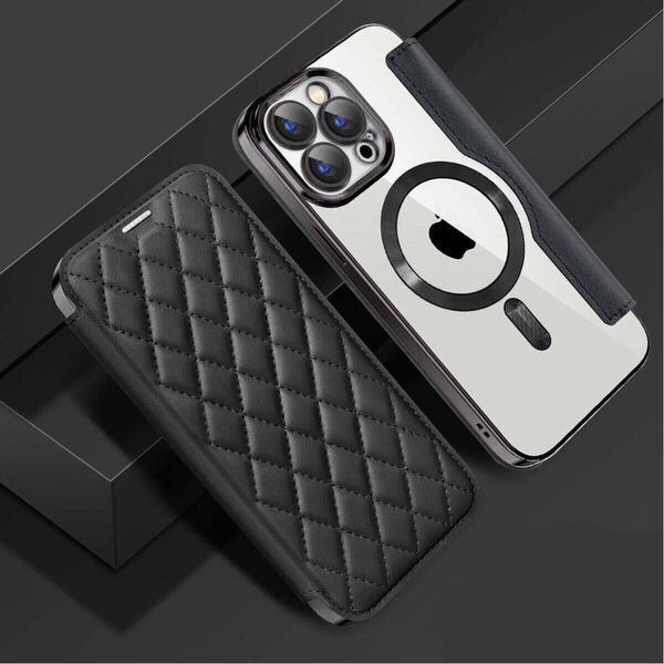iPhone 16e キルティングケース アイフォン16e ケース 透明 iPhone 16e カバー MagSafe充電 カード収納 手帳型 ブラック