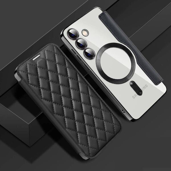 Galaxy S25 レザーケース ギャラクシー s25 キルティングケース galaxy s25 カバー SC-51F SCG31 クリア 透明 MagSafe充電 手帳型 ブラック