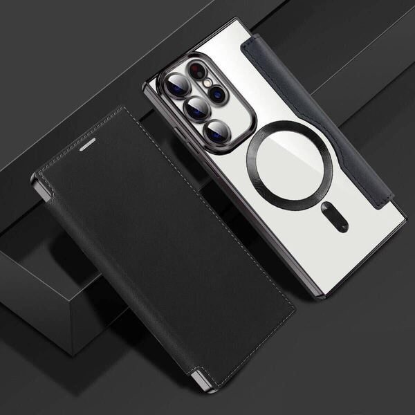 Galaxy S25 ultra レザーケース ギャラクシー s25 ウルトラ クリアケース SC-52F SCG32 カバー 透明 MagSafe充電 手帳型 ブラック