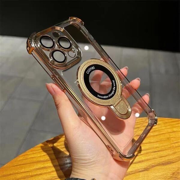 iPhone 15 plus クリアケース アイフォン15 プラス カバー 透明 メッキ加工 耐衝撃 レンズ保護 スタンド付き MagSafe充電 選べる5色 g