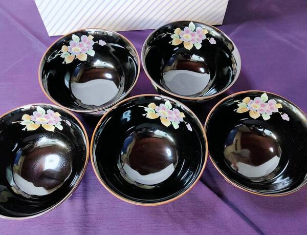 ★未使用&箱あり★慶斎作★金彩★どんぶり鉢★陶器★直径15×H8㎝★和食器★黒★多用鉢 5客セット 陶器 食器 碗鉢★送料無料★