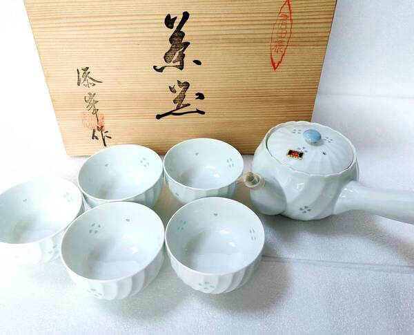 ★未使用&箱あり★有田焼 漆峰作 さざ波 ホタル 茶器【湯呑 5個セット + 急須】送料無料★昭和レトロ★
