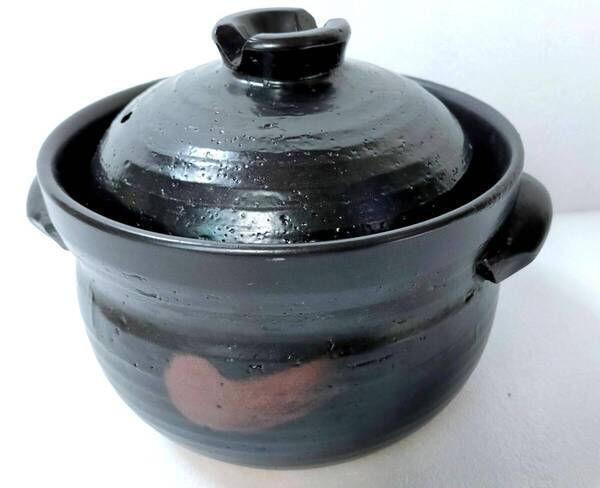 ★使用わずか★美品★土鍋 ご飯鍋 ガス火★陶器 直径19cm 両手鍋 調理器具★黒/ブラック★送料無料★