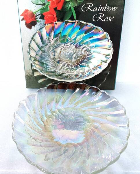 ★未使用&箱あり★超特大30cm★長谷川硝子 HASEGAWA GLASS★長谷川ガラス★レインボーローズ★特大皿/プレート/食器/クリスタル★送料無料