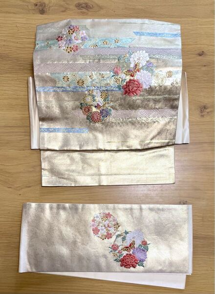 ◆花丸に蝶の織り柄♪正絹つけ帯◆ 上質生地 訳あり