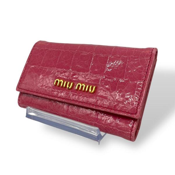 美品 miu miu キーケース クロコ型押し レザー ピンク