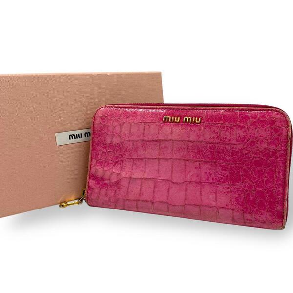 miu miu ミュウミュウ 長財布 クロコ型押し レザー ピンク