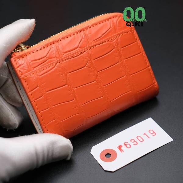 クロコダイルレザー マット仕上げ ミニ財布 ワニ革本物 一枚革 L字ファスナー コインケース 現物画像 No.63019 オレンジ