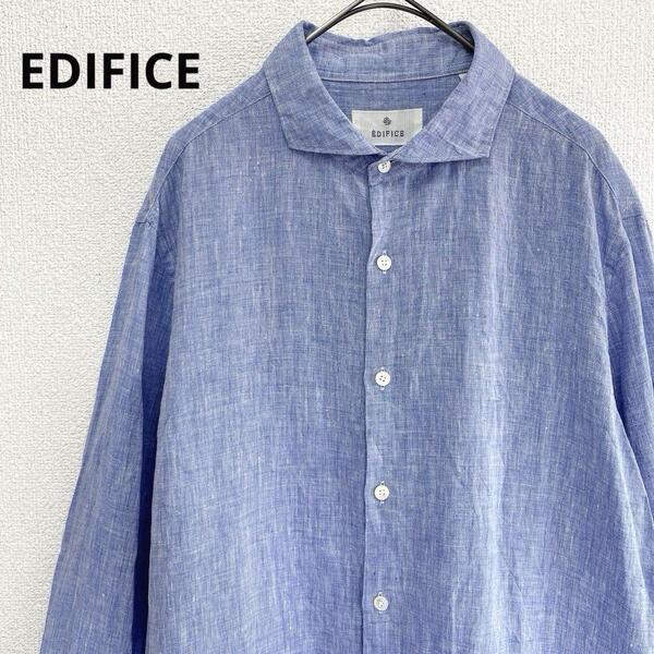☆美品☆ EDIFICE エディフィス リネンシャツ 長袖 通気性 日除け 爽やか 適度なシャリ感 着心地いい ブルー 48 M相当
