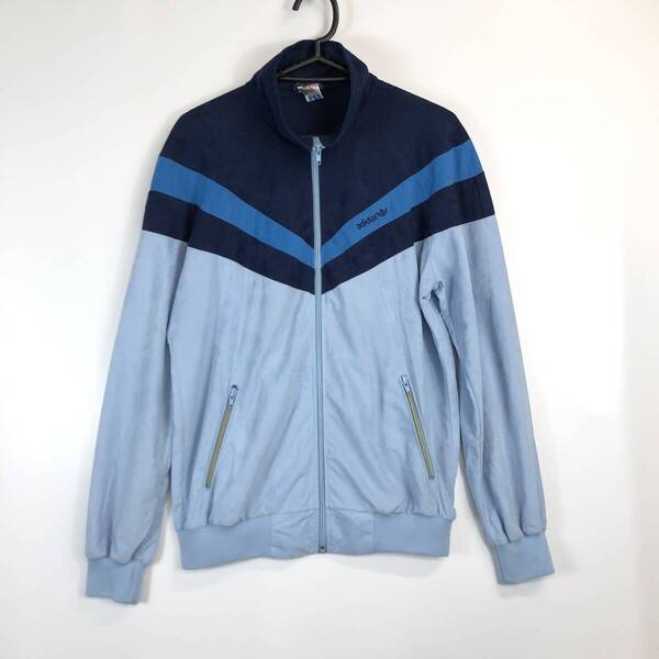 70s 80s 西ドイツ製 adidas アディダス トラックジャケット ベロア US/Sサイズ ネイビー 水色