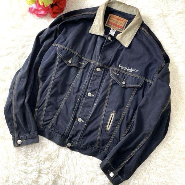 美品!!XXXLサイズ相当!!近年タグ DIESEL ディーゼル デニムジャケット Gジャン ブルゾン レザー切替 本革 刻印ロゴ ブレイブマン 3XL