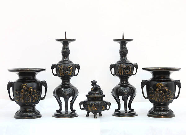 【仏壇仏具】浄土真宗本願寺派(西本願寺)用仏具 五具足 花立 香炉 ろうそく立て 線香立て 花瓶 法事法要四十九日のお参りなどに