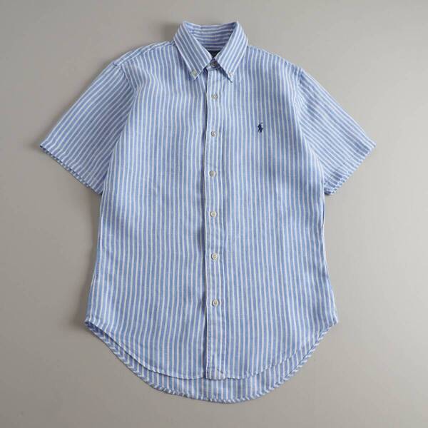 ラルフローレン Ralph Lauren 麻100% BDシャツ 半袖 ストライプ柄 ブルー メンズ 美品