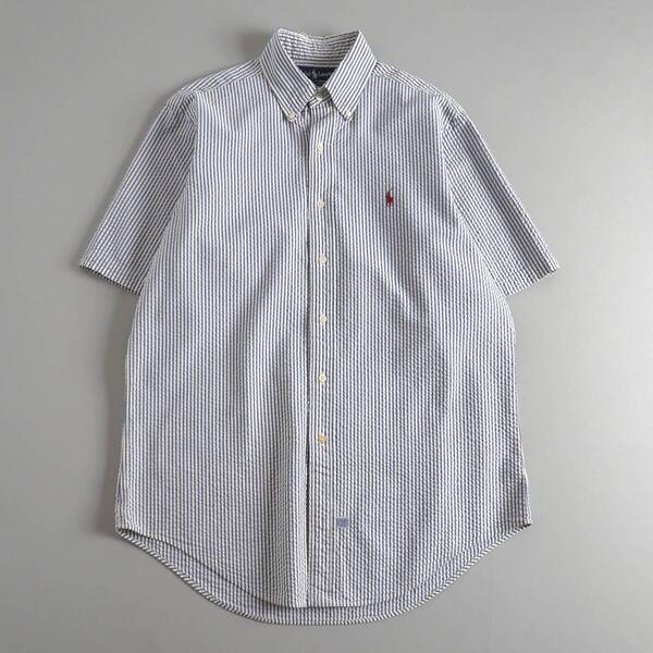 ラルフローレン Ralph Lauren シアサッカーシャツ 半袖 ストライプ ブルー 赤ポニー メンズ 美品