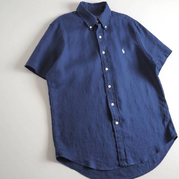 ラルフローレン Ralph Lauren 麻100% BDシャツ 半袖 ネイビー 白ポニー メンズ 美品