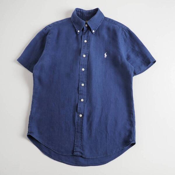 ラルフローレン Ralph Lauren 麻100% BDシャツ 半袖 白ポニー ネイビー メンズ 美品