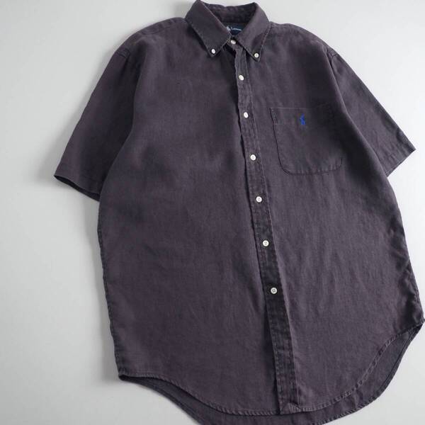 ラルフローレン Ralph Lauren 麻100% BDシャツ 半袖 チャコールグレー 青ポニー メンズ 美品