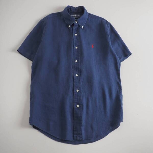ラルフローレン Ralph Lauren 麻100% BDシャツ 半袖 紺色 赤ポニー メンズ 美品