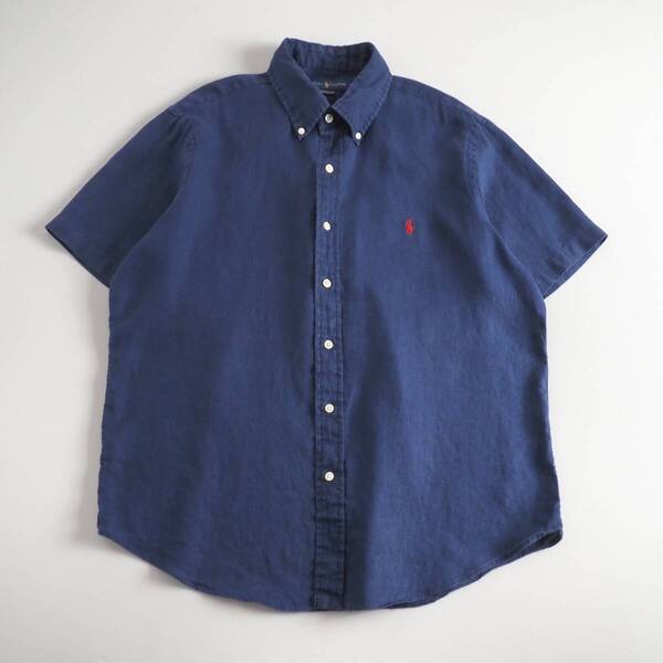 ラルフローレン Ralph Lauren リネン100% BDシャツ 半袖 赤ポニー ネイビー メンズ 美品