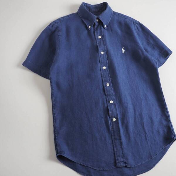 ラルフローレン Ralph Lauren 麻100% 半袖シャツ ネイビー 白色ポニー メンズ 美品