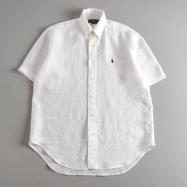 ラルフローレン Ralph Lauren リネン100% BDシャツ 半袖 ホワイト 紺ポニー メンズ 美品